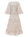 Robe beige à volants en maille illusion brodée de fleurs des années 1930