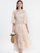 Robe beige à volants en maille illusion brodée de fleurs des années 1930