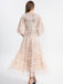 Robe beige à volants en maille illusion brodée de fleurs des années 1930