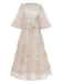 Robe beige à volants en maille illusion brodée de fleurs des années 1930