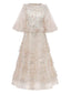 Robe beige à volants en maille illusion brodée de fleurs des années 1930