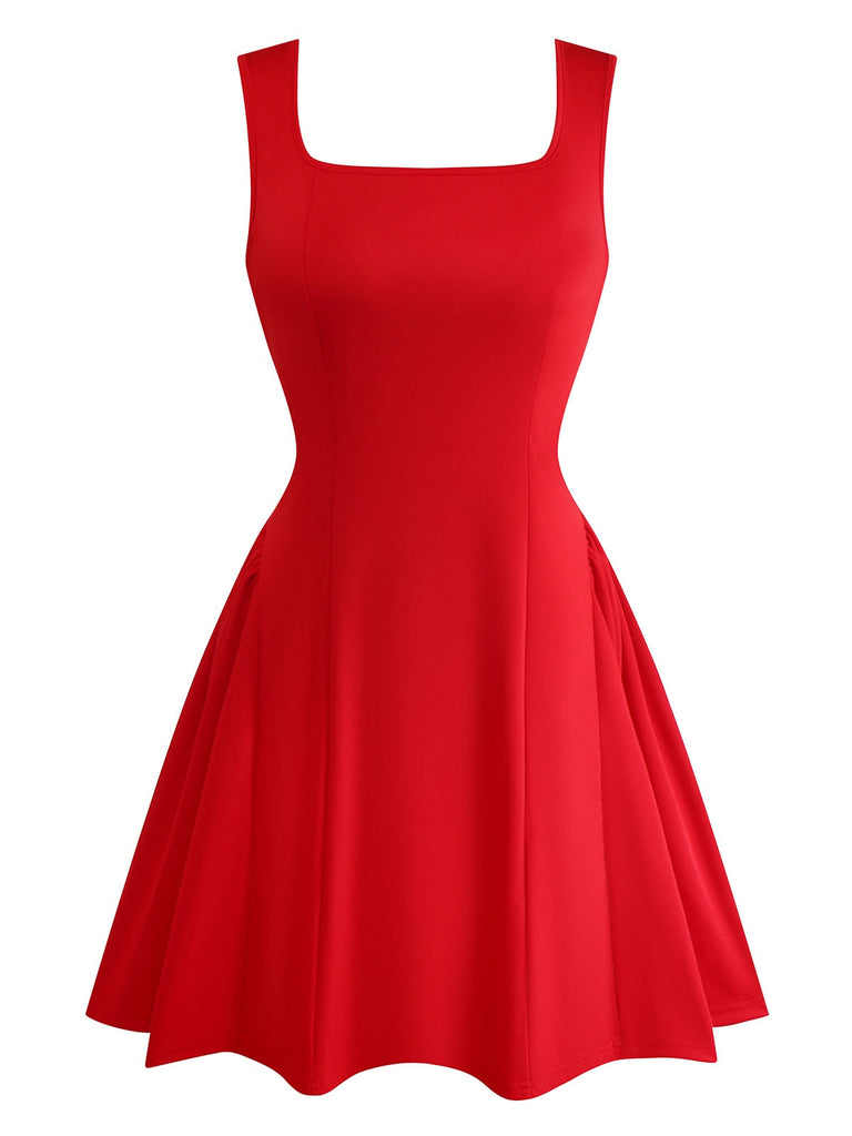 Robe trapèze col carré larges bretelles couleur uni des années 1950