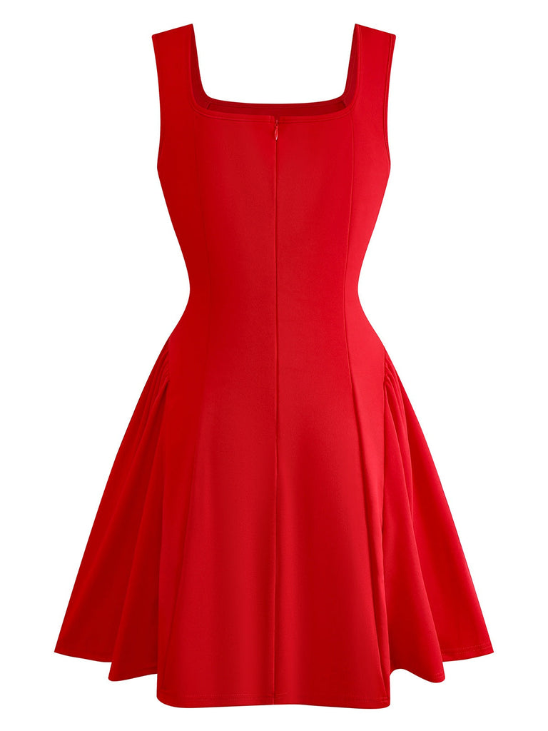 Robe trapèze col carré larges bretelles couleur uni des années 1950