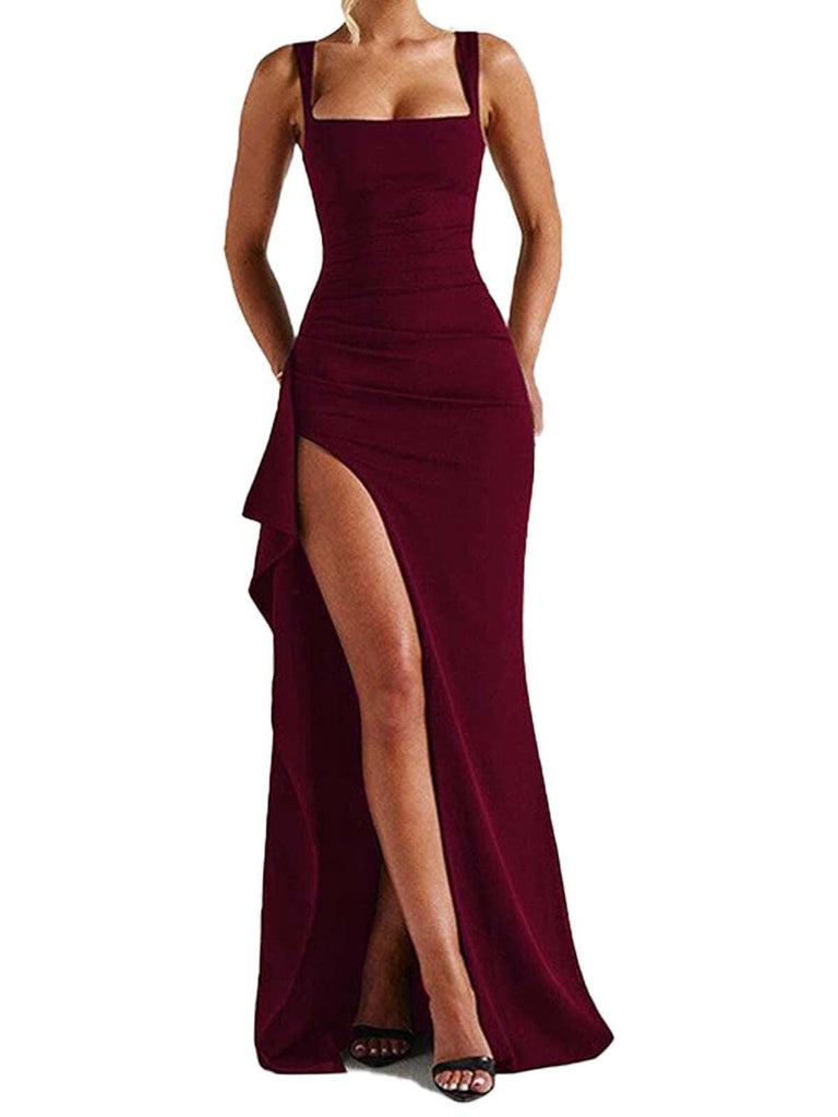 Robe moulante unie à col carré et fente haute des années 1930