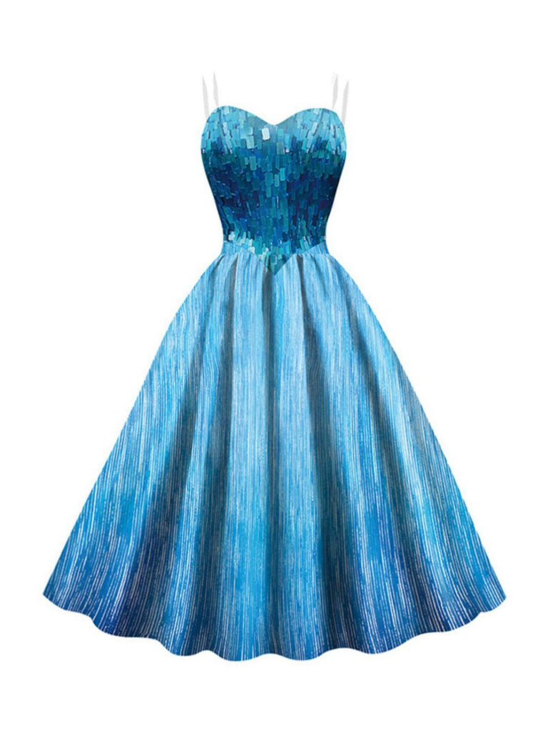 Robe bleue Elsa à bretelles et paillettes Halloween années 1950