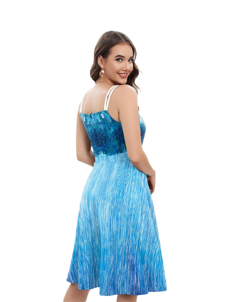 Robe bleue Elsa à bretelles et paillettes Halloween années 1950