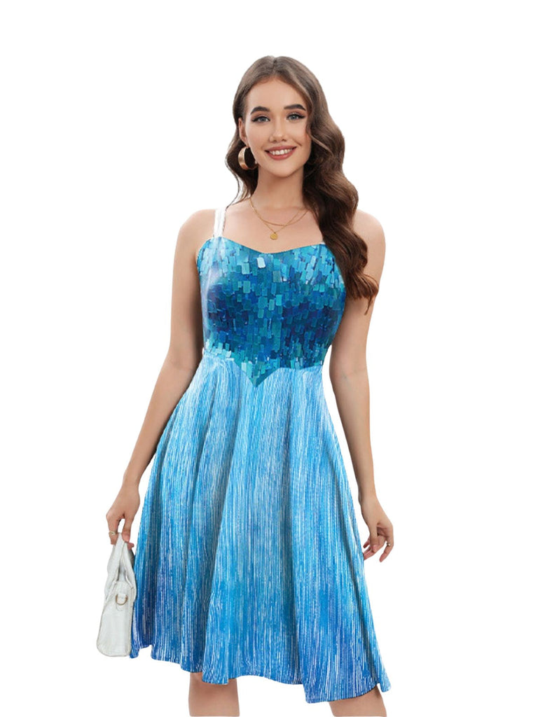 Robe bleue Elsa à bretelles et paillettes Halloween années 1950