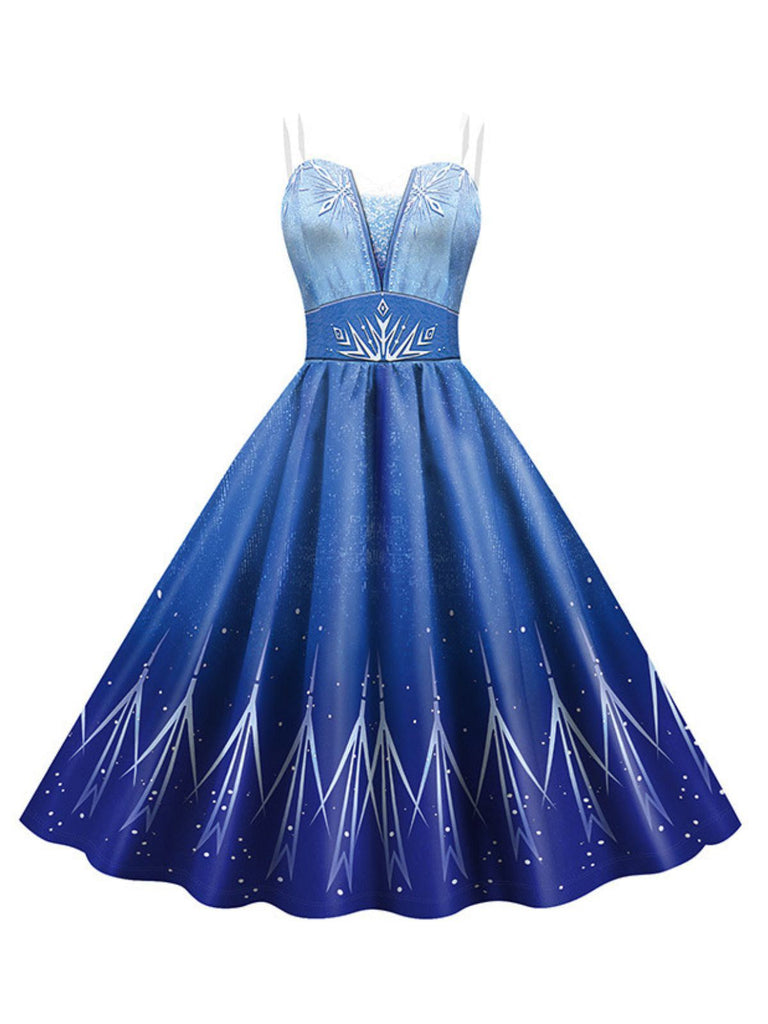 Robe bleue Elsa à bretelles et paillettes Halloween années 1950
