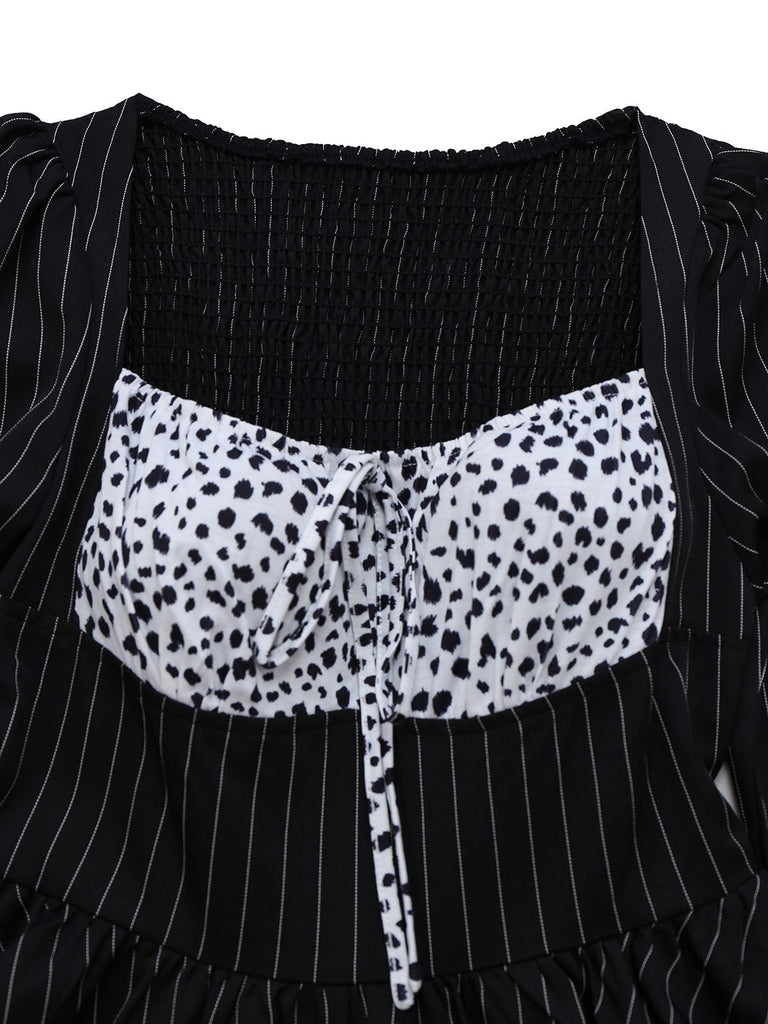 Robe noire à rayures verticales et motif léopard des années 1950