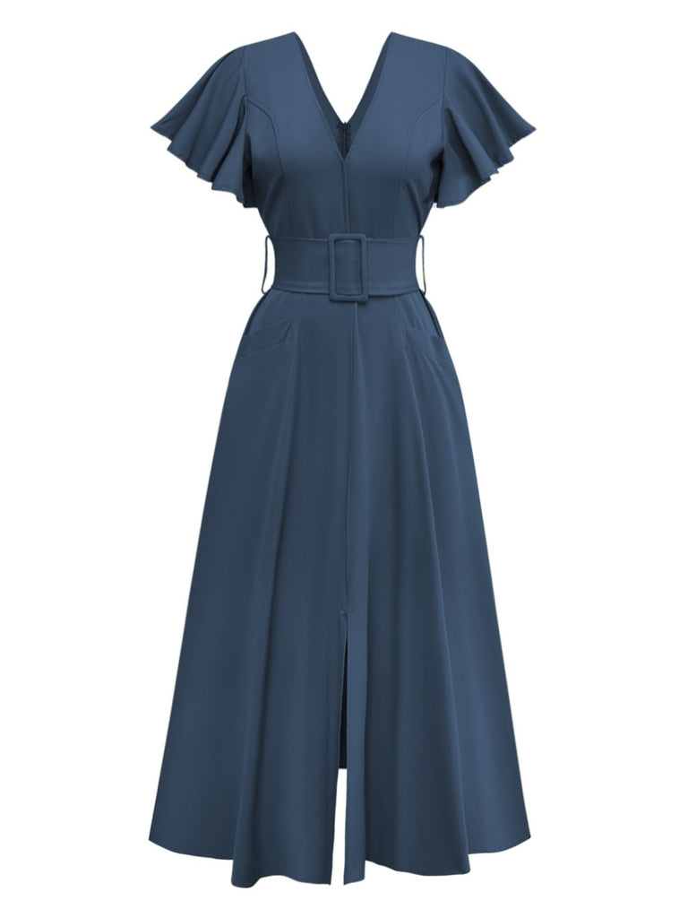 Robe unie à manches évasées et en V profond années 1940