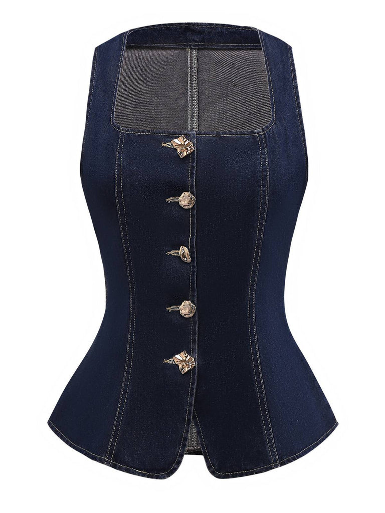 Gilet en jean bleu boutonné à col carré des années 1950