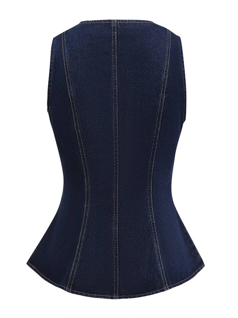 Gilet en jean bleu boutonné à col carré des années 1950