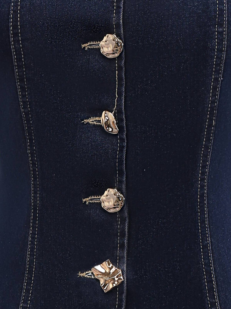 Gilet en jean bleu boutonné à col carré des années 1950