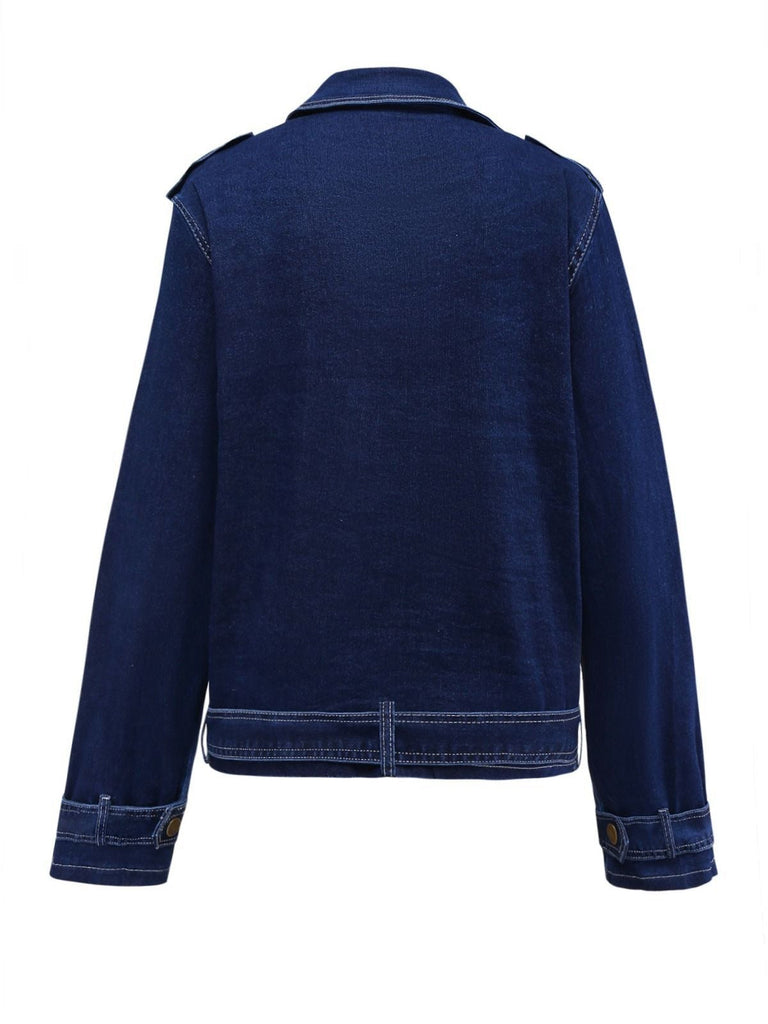 Veste à revers boutonnée en denim bleu foncé des années 1950