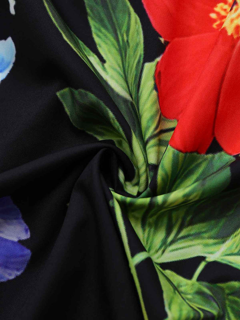 Robe longue fleurie noire à col carré des années 1930