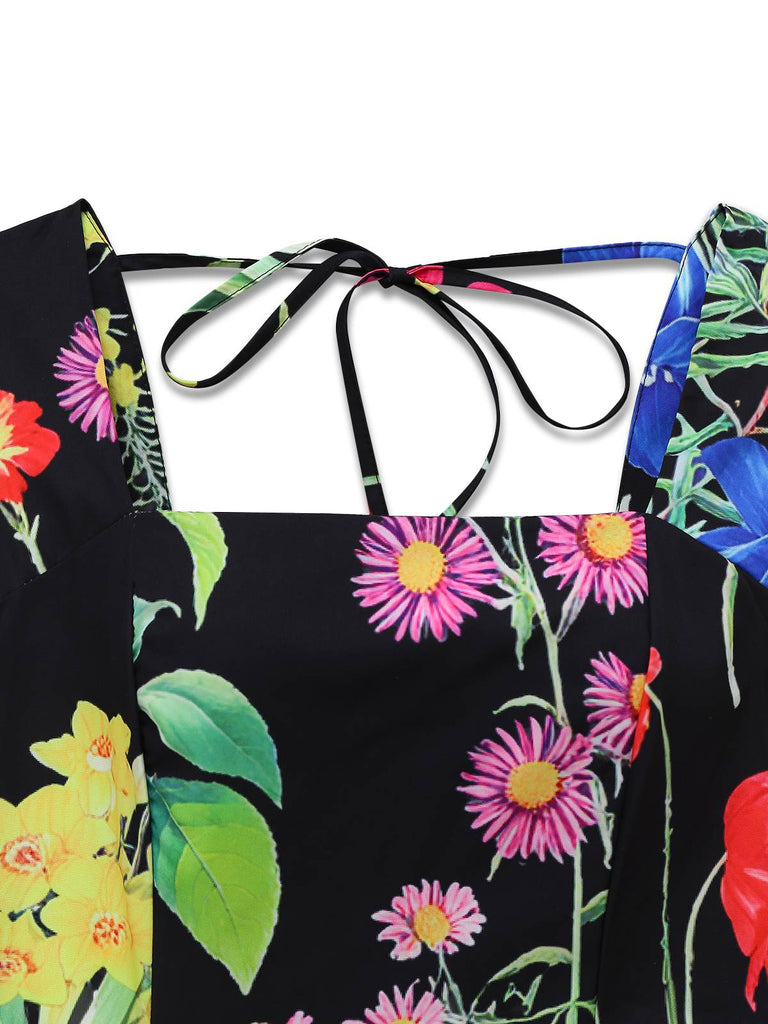 Robe longue fleurie noire à col carré des années 1930