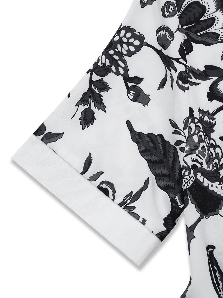 Robe chemise noire blanc à fleurs et ceinture des années 1940