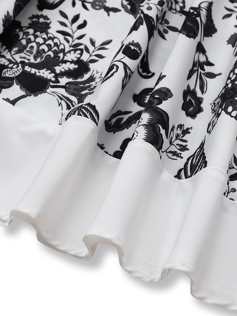 Robe chemise noire blanc à fleurs et ceinture des années 1940