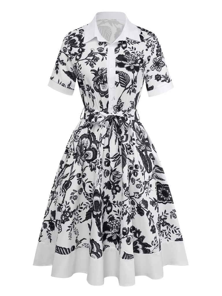 Robe chemise noire blanc à fleurs et ceinture des années 1940