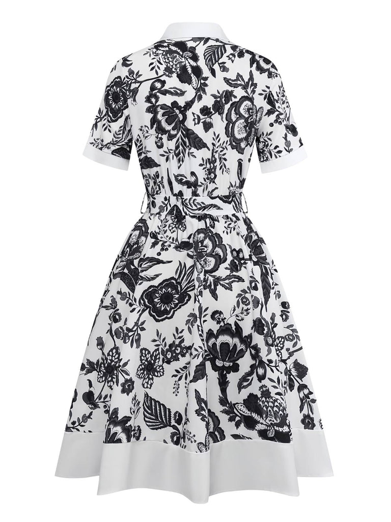 Robe chemise noire blanc à fleurs et ceinture des années 1940