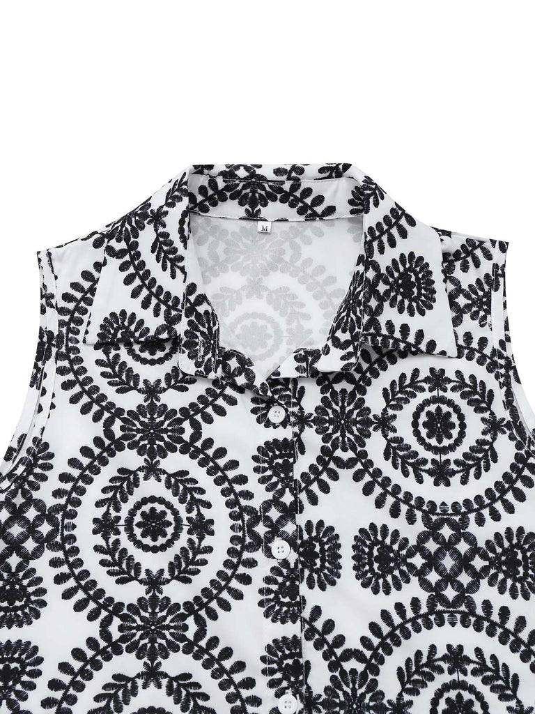 Robe noire à fleurs sans manches à revers années 1940