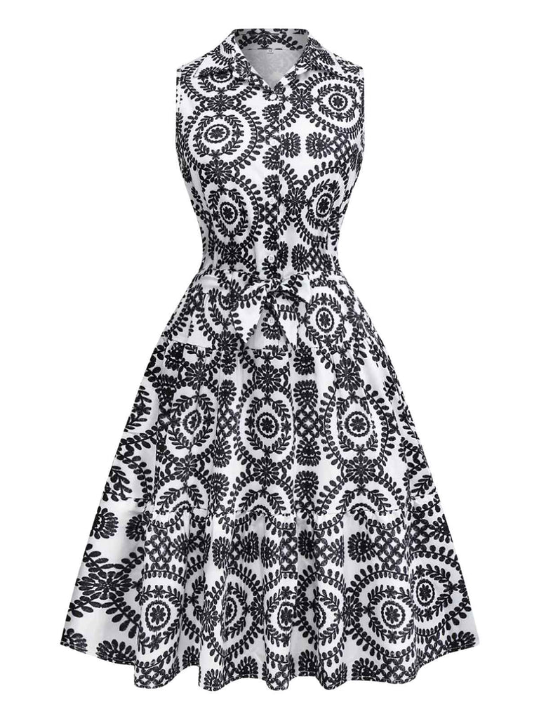 Robe noire à fleurs sans manches à revers années 1940