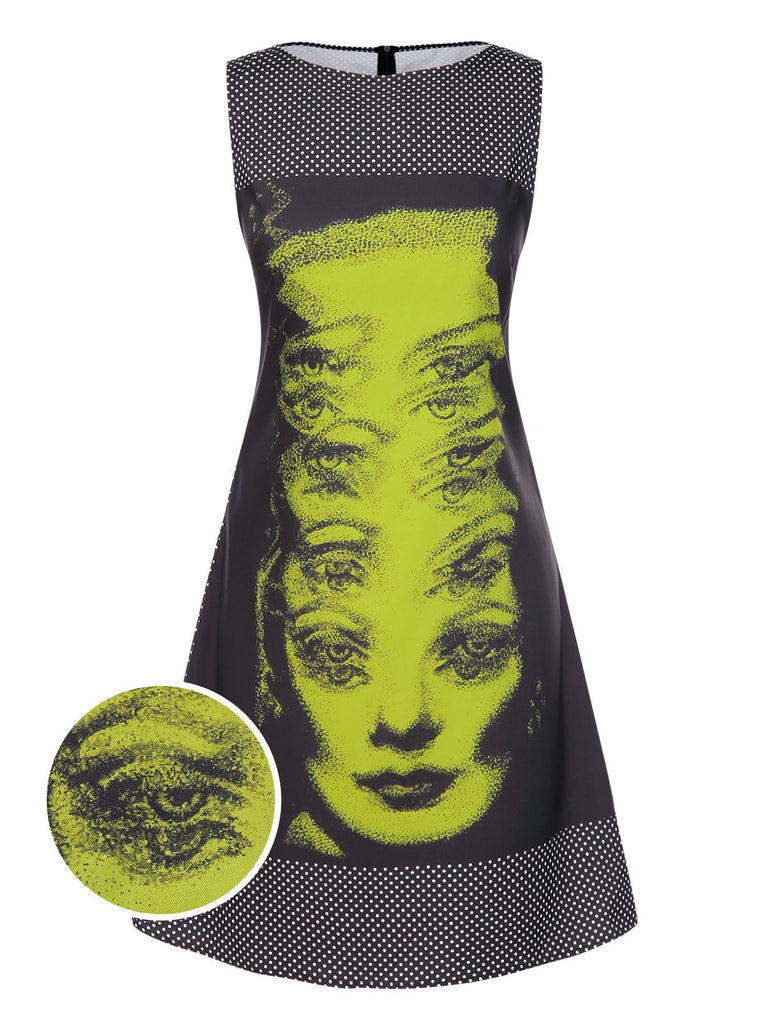 [Prévente] Robe noire à pois et imprimé visage années 1960