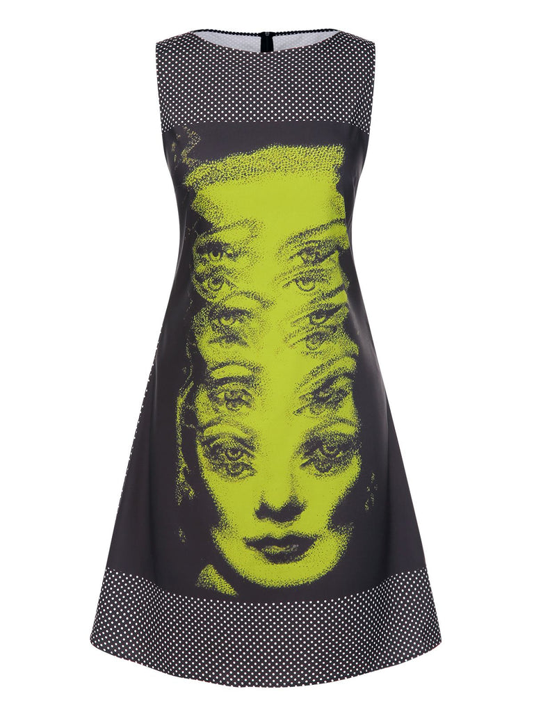 [Prévente] Robe noire à pois et imprimé visage années 1960