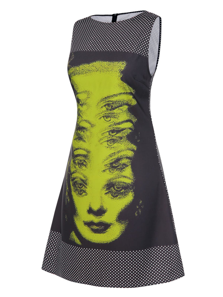 [Prévente] Robe noire à pois et imprimé visage années 1960