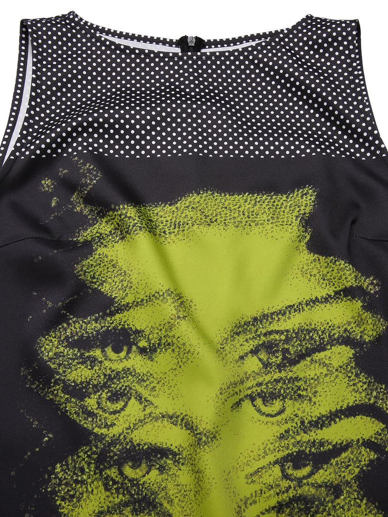 [Prévente] Robe noire à pois et imprimé visage années 1960