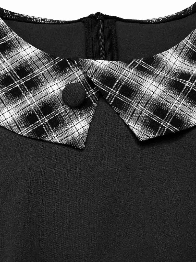 Robe patchwork plissée à carreaux noire des années 1950