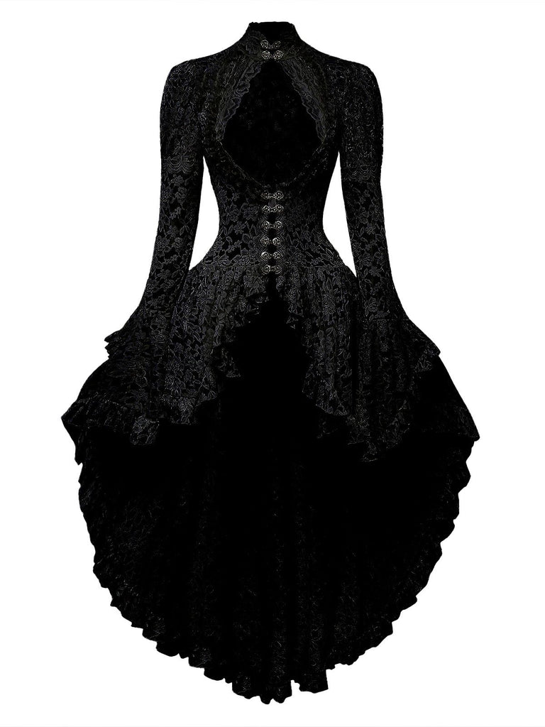 Robe victorienne noire en dentelle à manches gigot des années 1980
