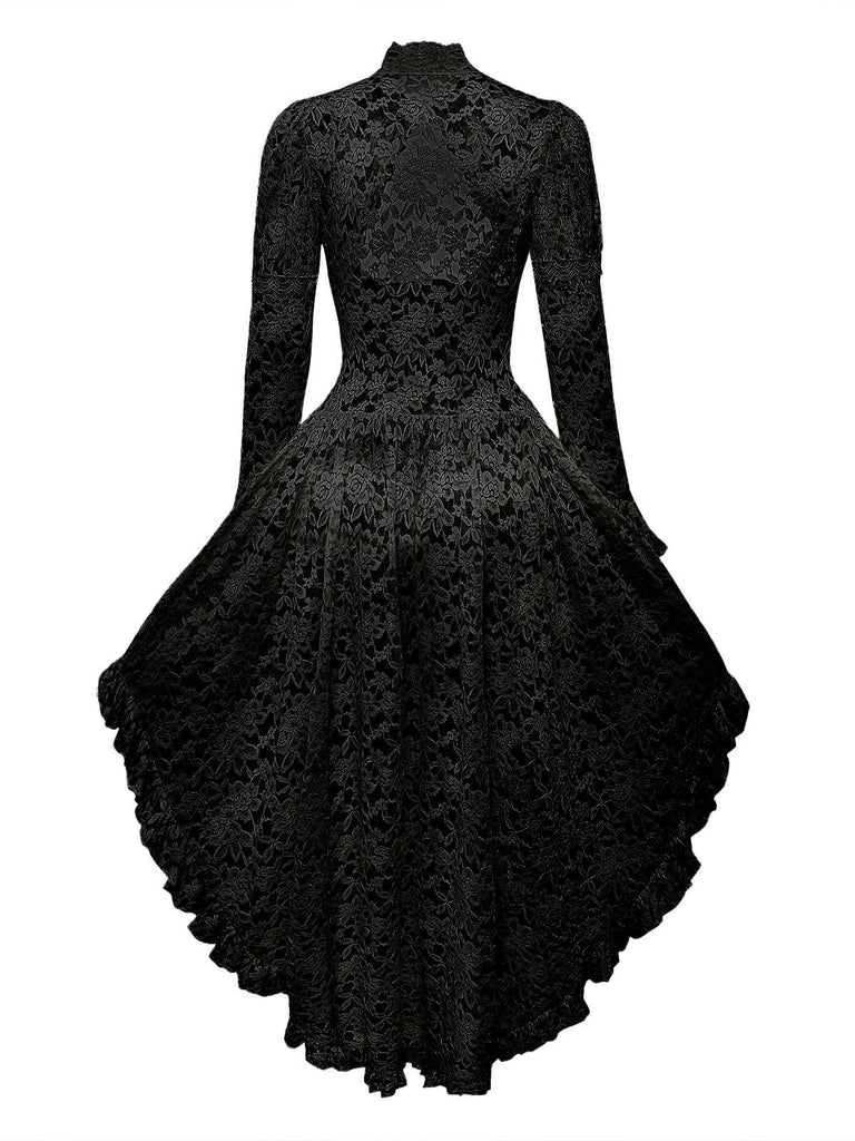 Robe victorienne noire en dentelle à manches gigot des années 1980