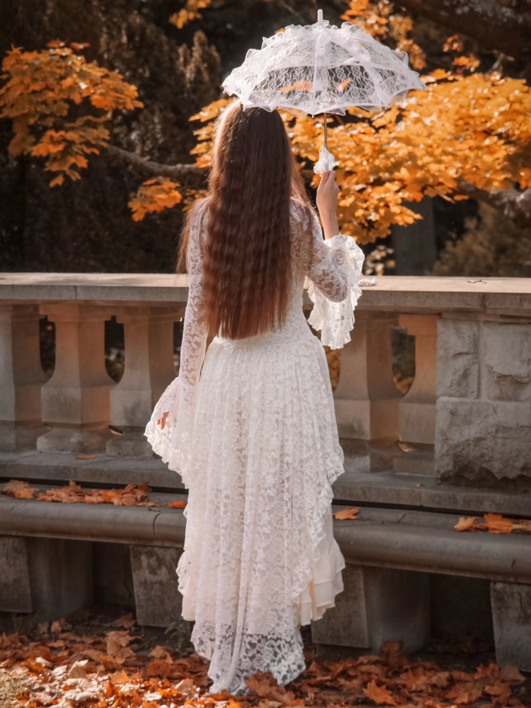 [Prévente] Robe victorienne rose en dentelle à manches gigot des années 1980