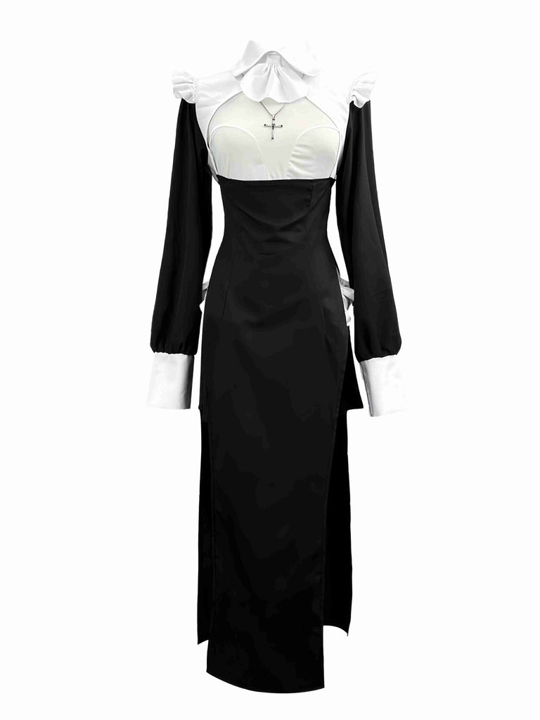 Robe de nonne colorblock noire et blanche des années 1960