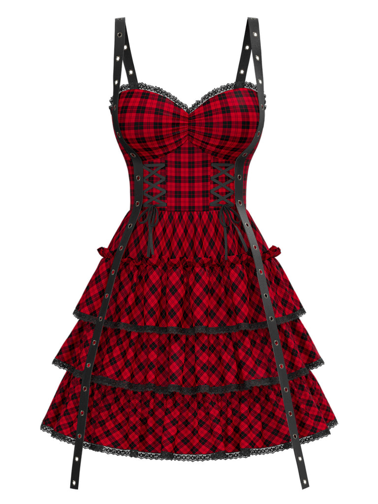 [Prévente] Robe gothique rouge à volants et à carreaux années 1980