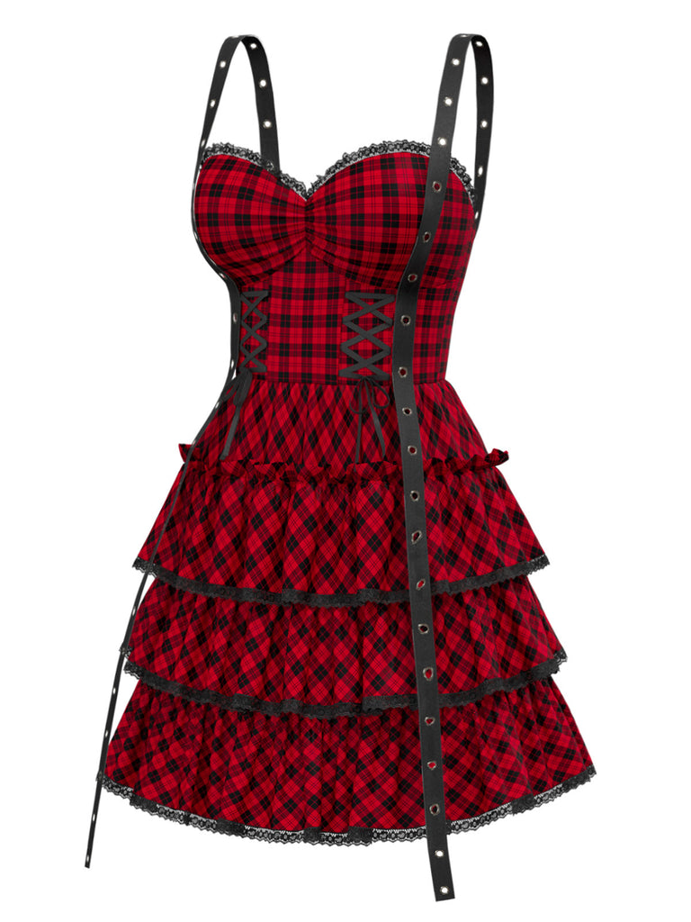 [Prévente] Robe gothique rouge à volants et à carreaux années 1980