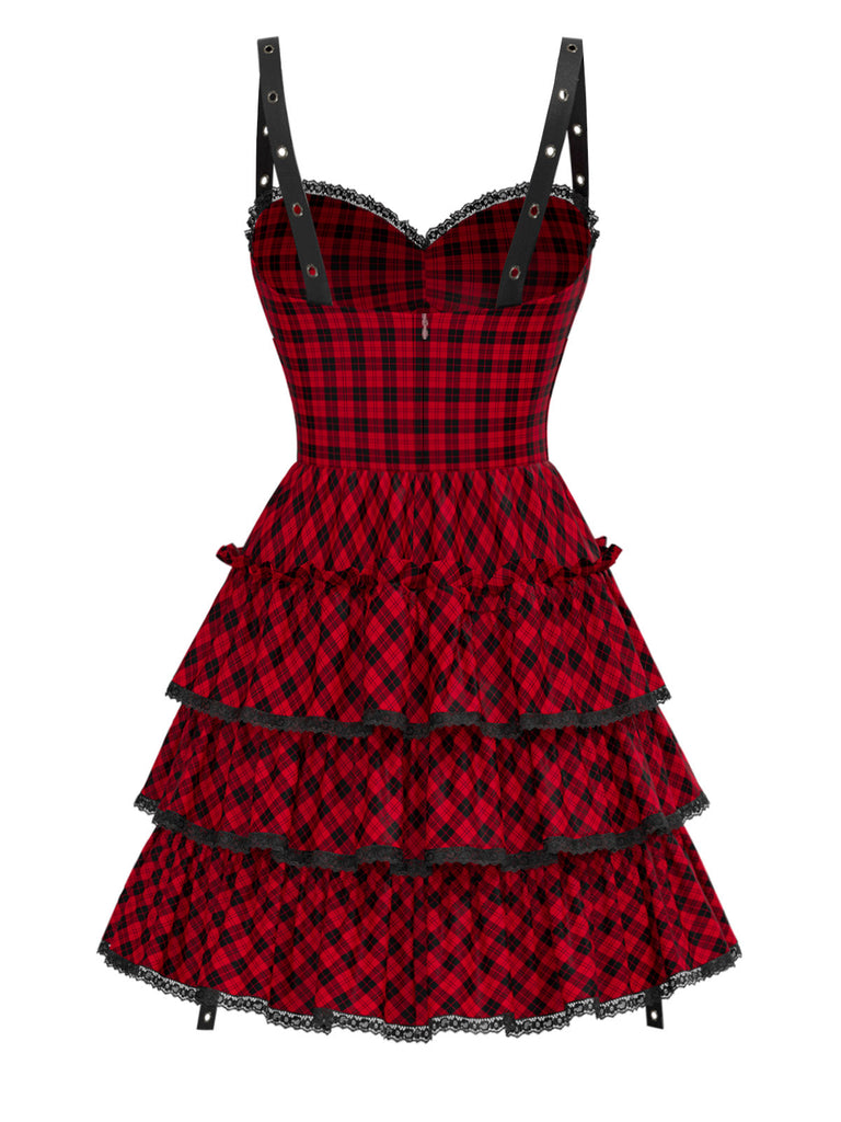 [Prévente] Robe gothique rouge à volants et à carreaux années 1980