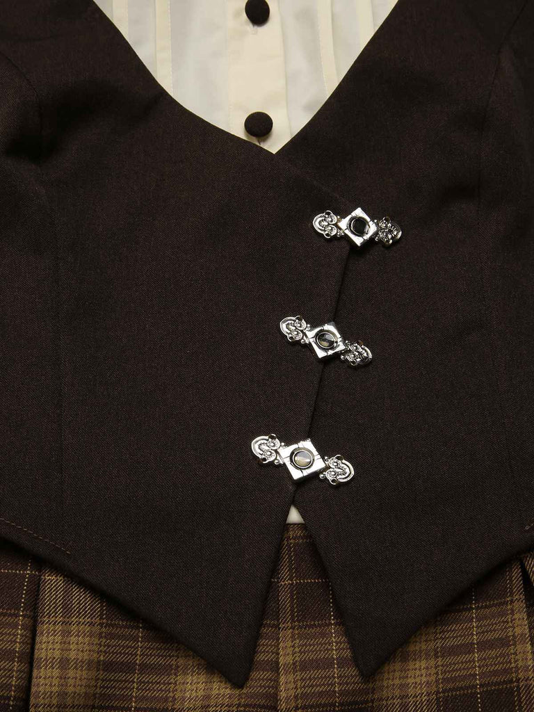 Combinaison faux 3 pièces à carreaux marron des années 1930 avec nœud