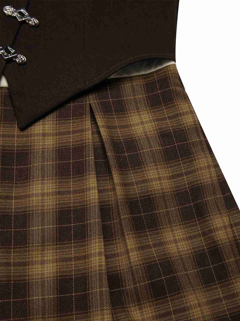 Combinaison faux 3 pièces à carreaux marron des années 1930 avec nœud