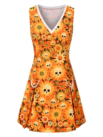 Robe orange fleurl et crâne Halloween années 1960