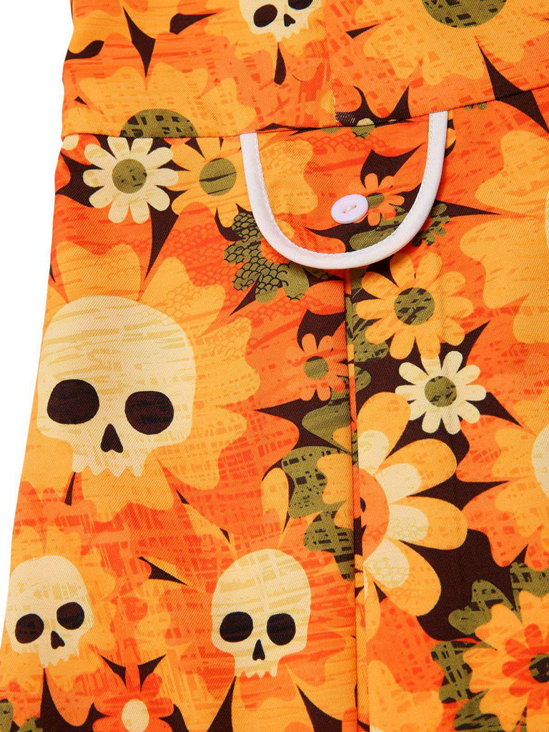 Robe orange fleurl et crâne Halloween années 1960