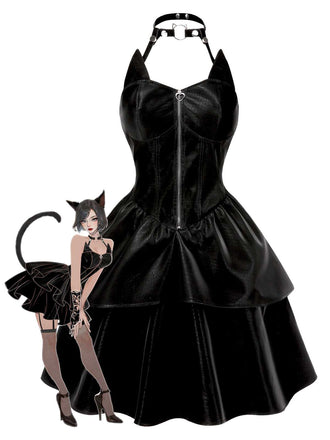 Robe en cuir noire fille chat Halloween années 1950