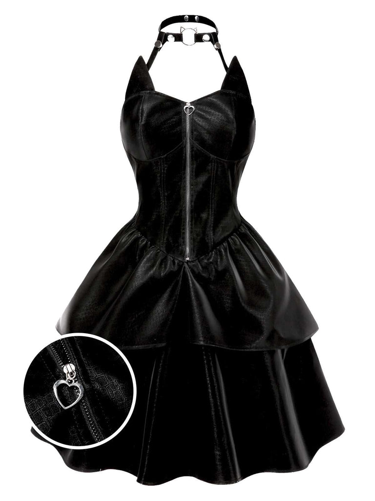 Robe en cuir noire fille chat Halloween années 1950