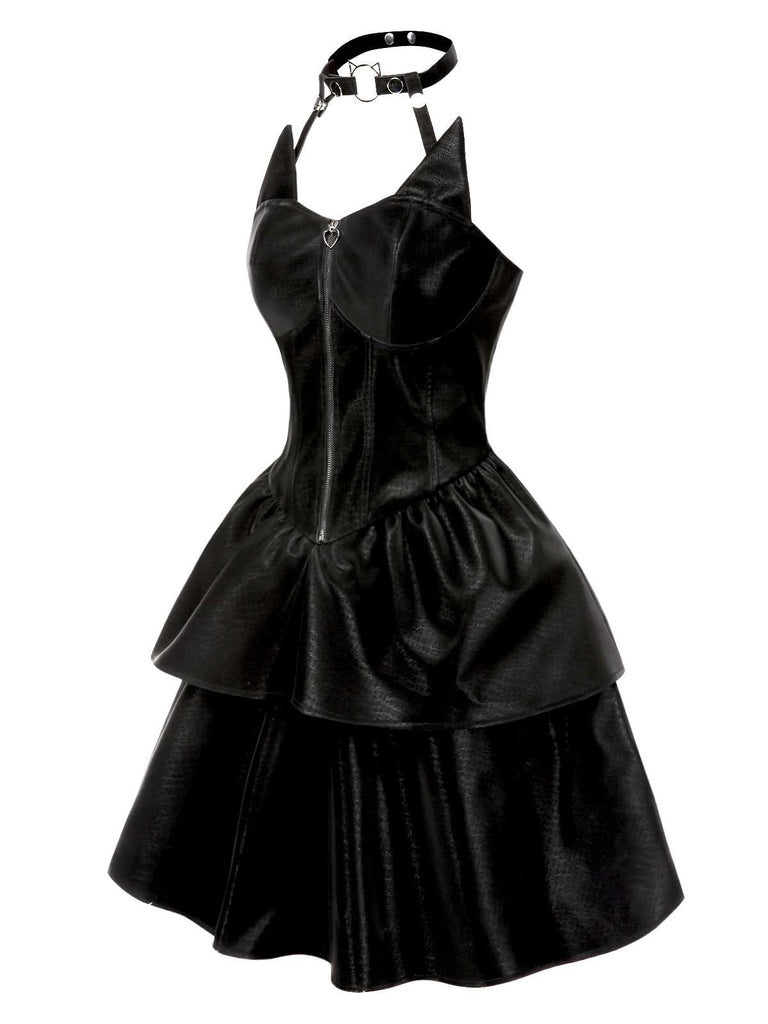 Robe en cuir noire fille chat Halloween années 1950