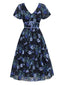 [Prévente] Robe mi-longue bleue à fleurs et col en V années 1950