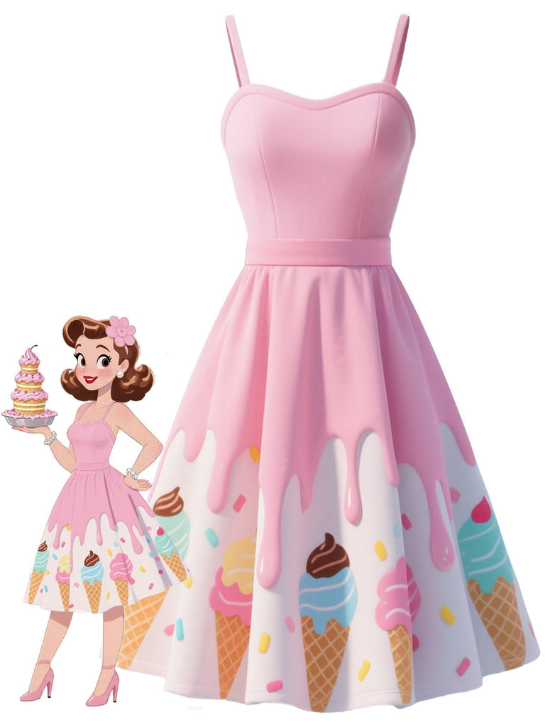 [Prévente] Robe rose col en cœur et motif glace des années 1950