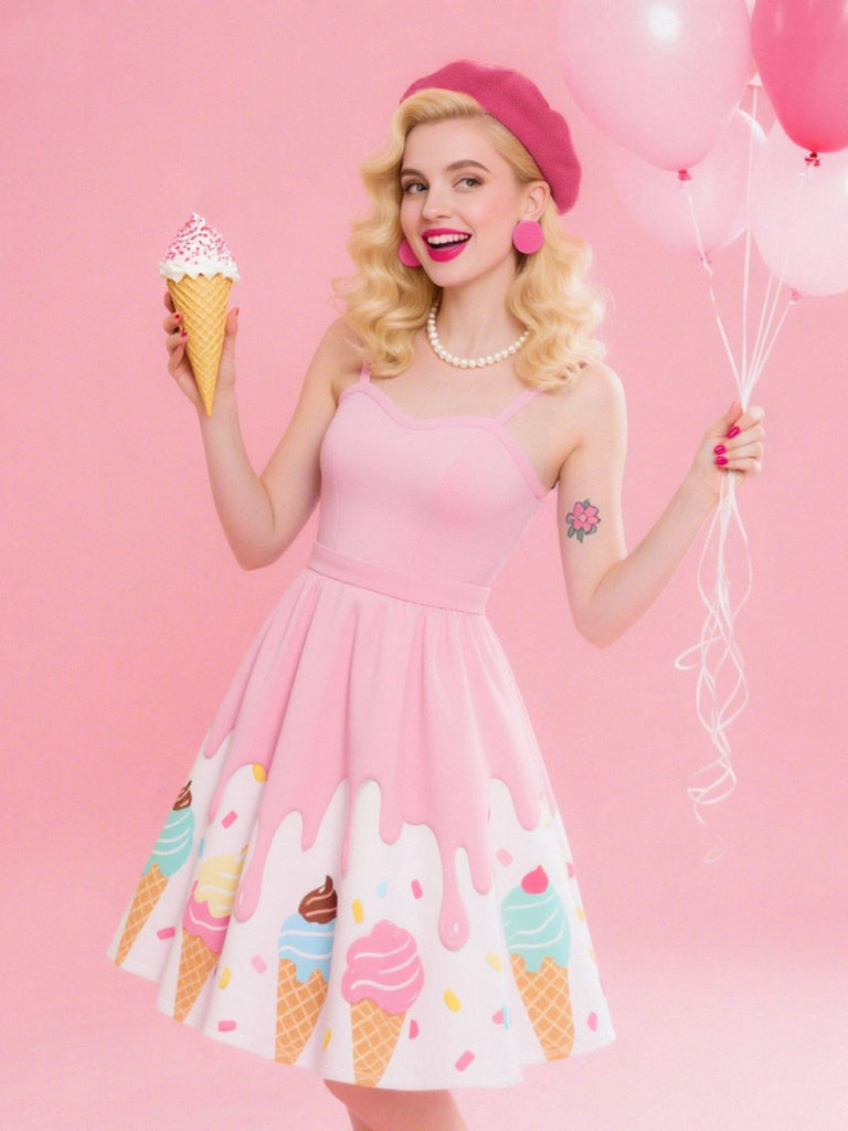 [Prévente] Robe rose col en cœur et motif glace des années 1950