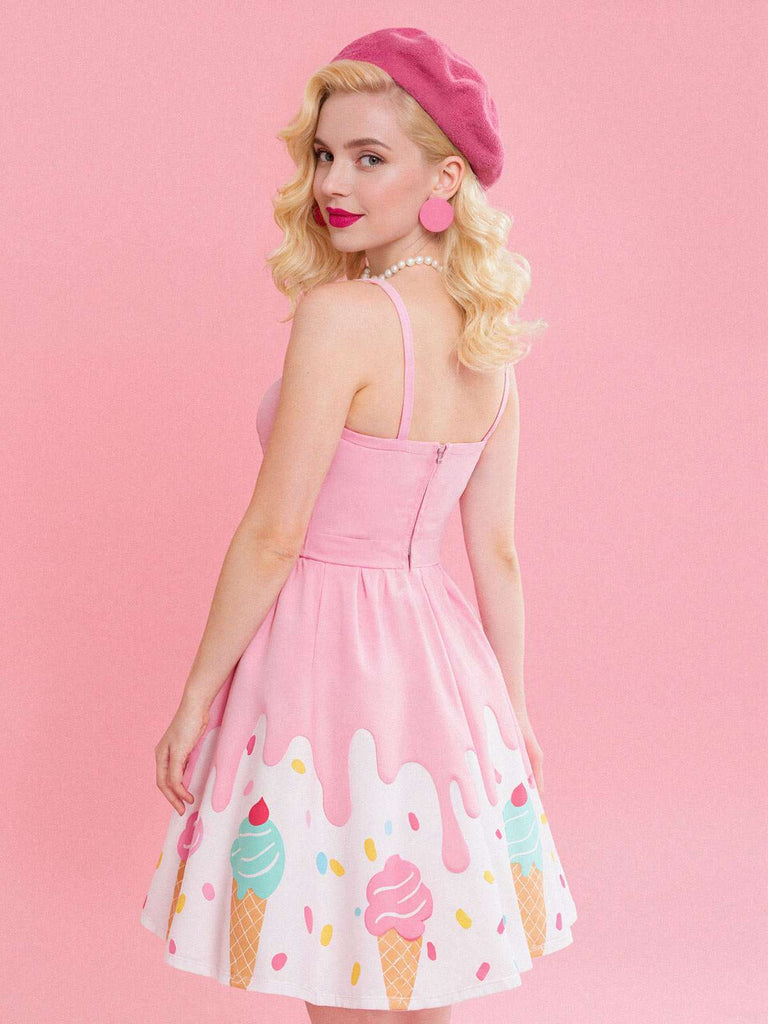 [Prévente] Robe rose col en cœur et motif glace des années 1950