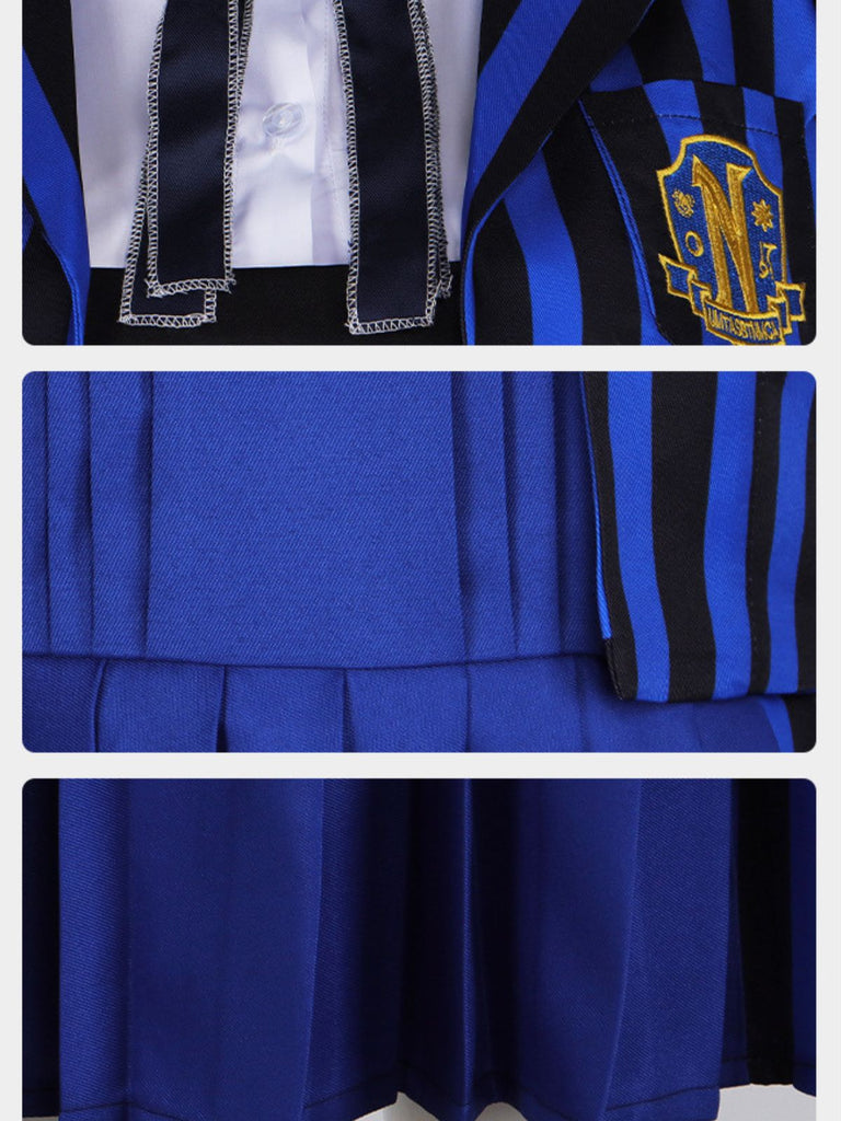 Ensemble d'uniforme bleue rayé Wednesday Enid années 1940